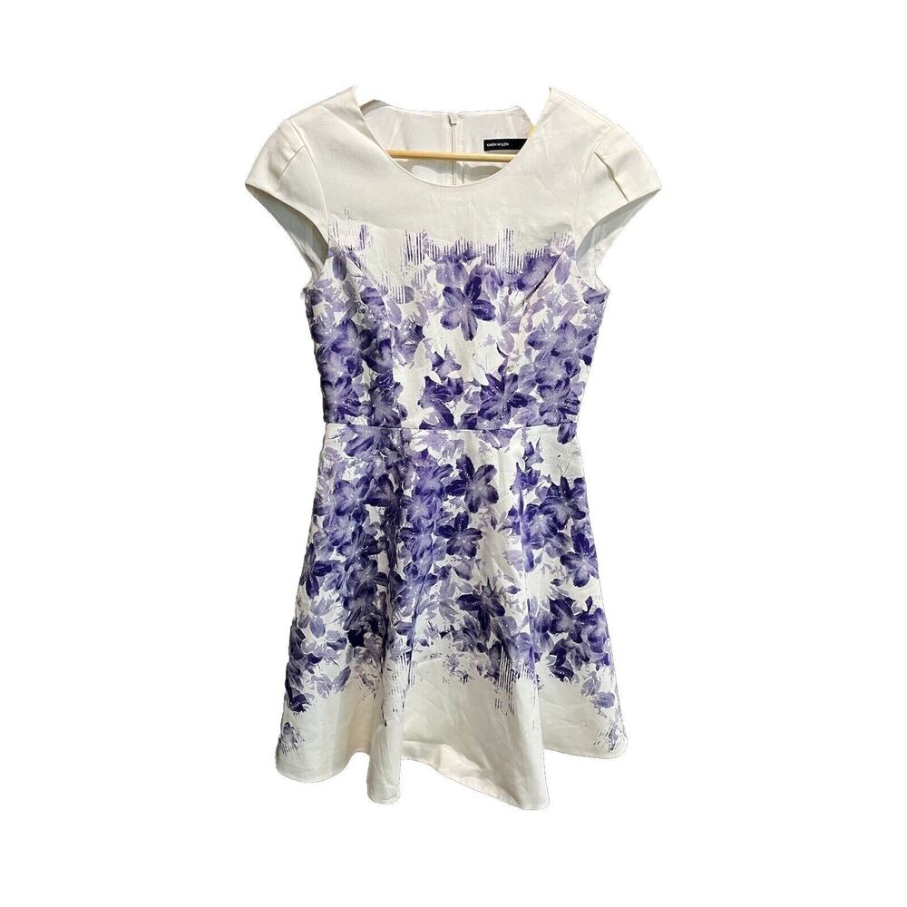 Karen Millen White Purple Floral Print Short Sleeve Flared Women's Dress Size 6